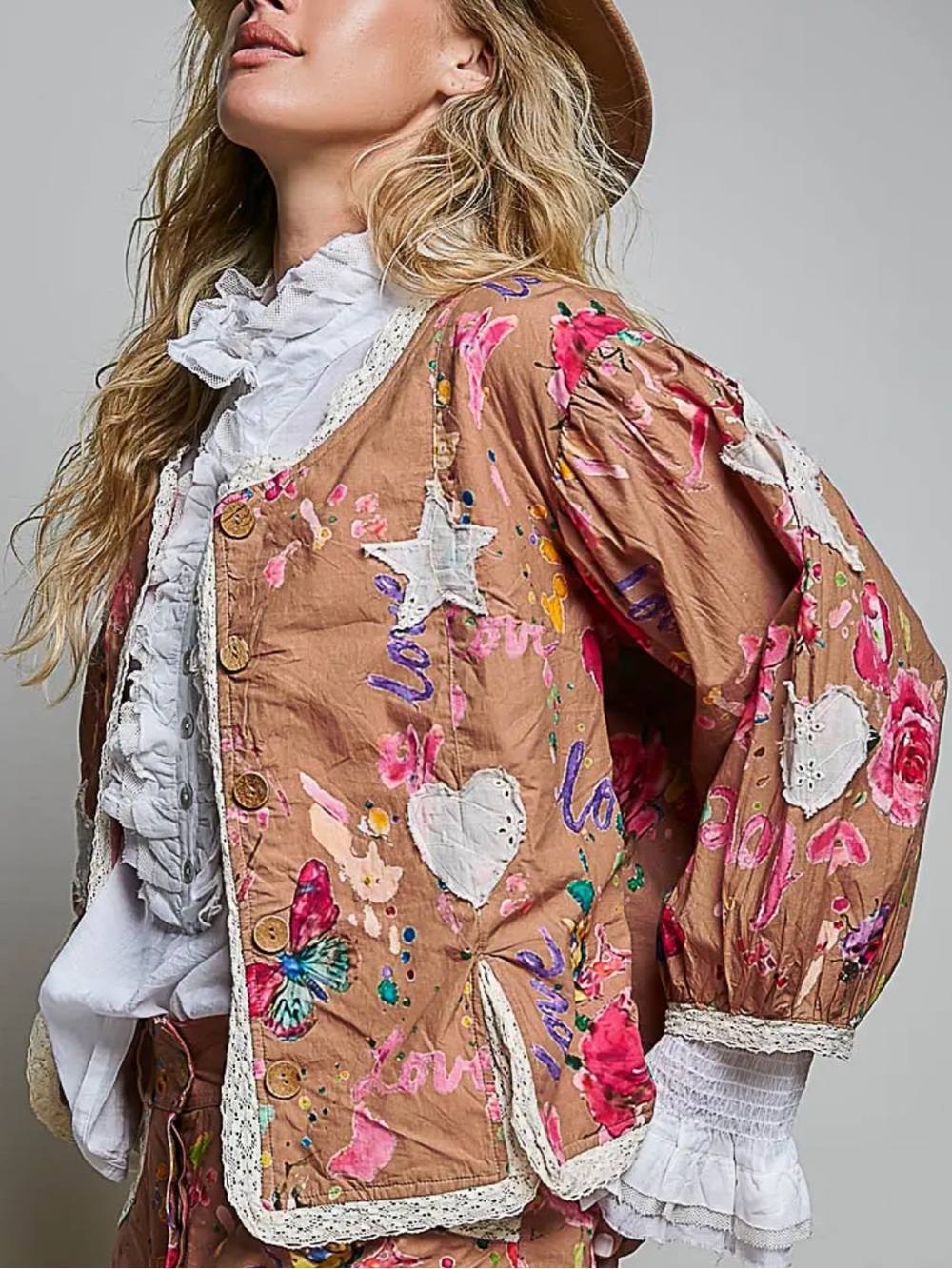 Lace Trimmed Placket Printed Vintage Star Appliqué Jacket